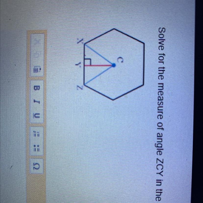 Solve for the measure of angle ZCY in the regular hexagon .-example-1