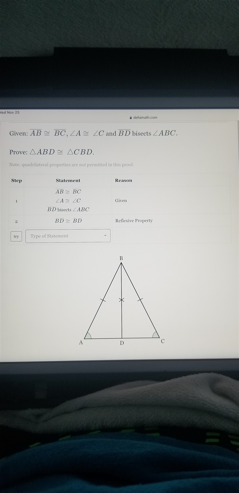 Given: AB - BC, ZA ZC and BD bisects ABC. Prove: A ABD ~ ACBD.-example-1