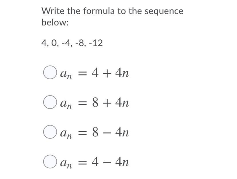 Write the formula to the sequence below: 4, 0, -4, -8, -12-example-1