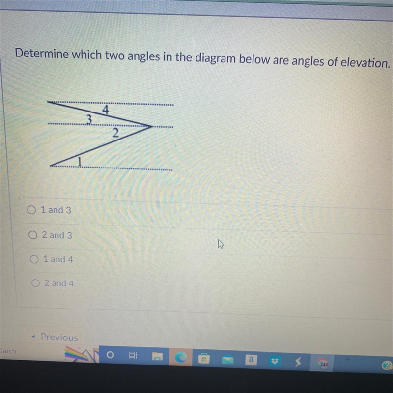 Determine which two angles in the diagram below are angles of elevation.-example-1