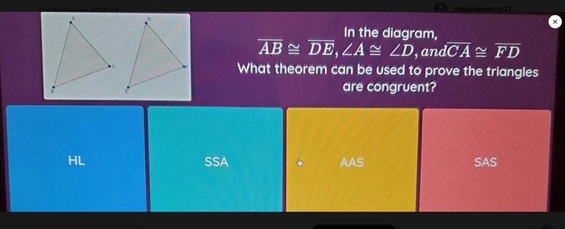 D In the diagram, ABDE, ZA ZD, andCAFD What theorem can be used to prove the triangles-example-1