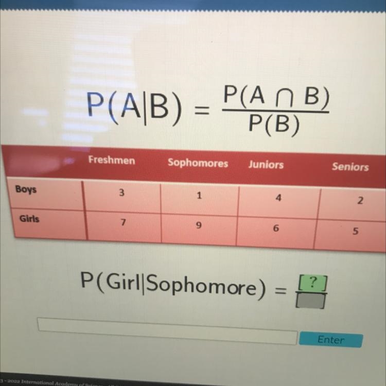 P(An B) P(AB) = P(B) Freshmen Sophomores Juniors Seniors Boys 1 4. 2 Girls 7 9 6 5 ? P-example-1