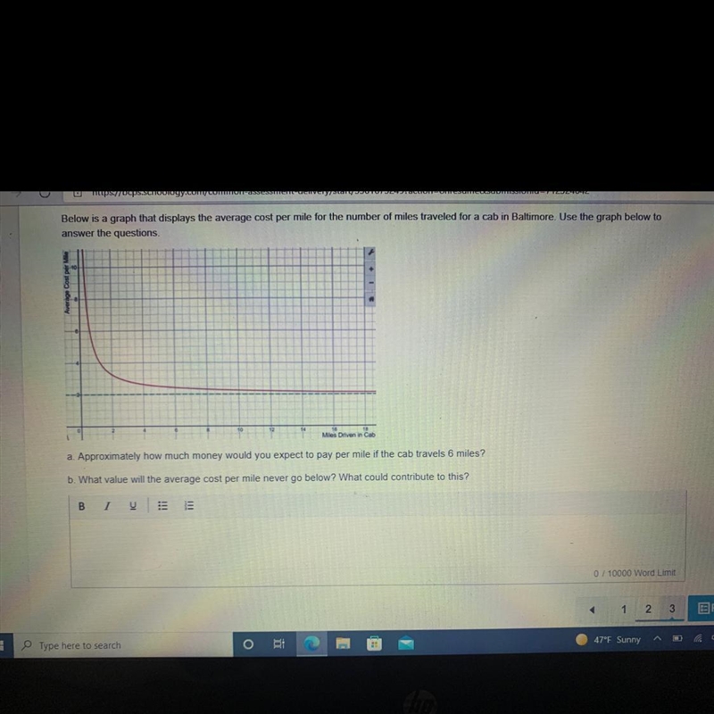 Below is a graph that displays the average cost per mile for the number of miles traveled-example-1