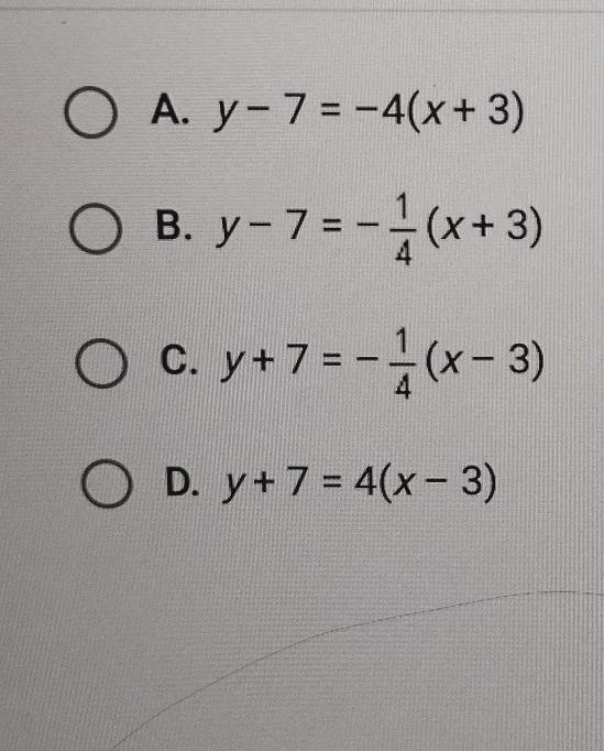 Which of these is a point-slope equation of the line that is perpendicular to y-3=4(x-example-1