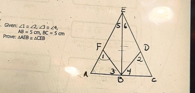 Given: angle 1 is congruent to angle 2, angle 3 is congruent to angle four. AB= 5cm-example-1