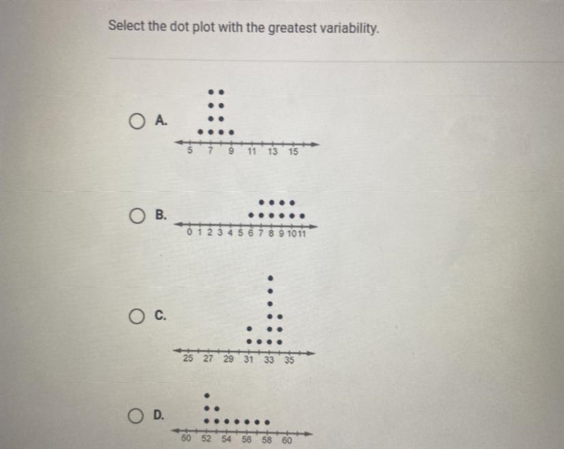 Select the dot plot with the greatest variability.O A.7 9 11 13 15O B.0 1 2 3 4 5 6 7 8 9 1011C-example-1