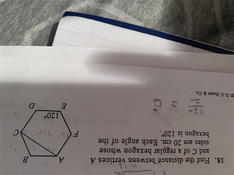 Find the distance between vertices A and C of a regular hexagon whose sides are 20 cm-example-1