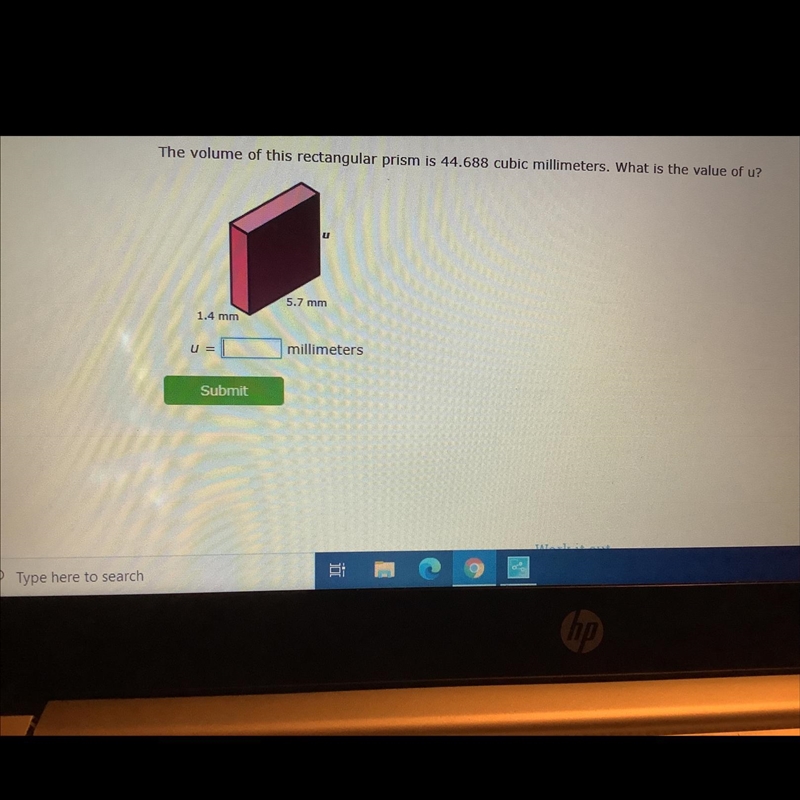 The volume of this rectangular prism is 44.688 mm³. What is the value of u in millimeters-example-1