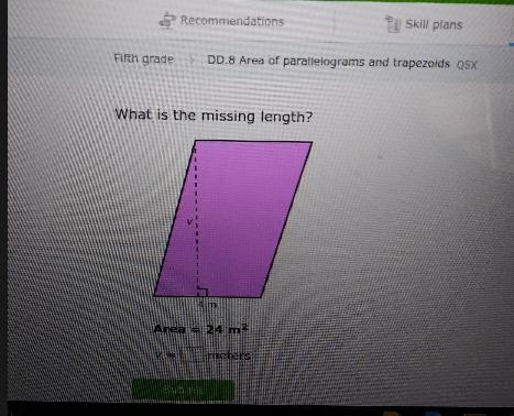 Fifth grade DD.8 Area of parallelograms and trapez What is the missing length? 고 Area-example-1