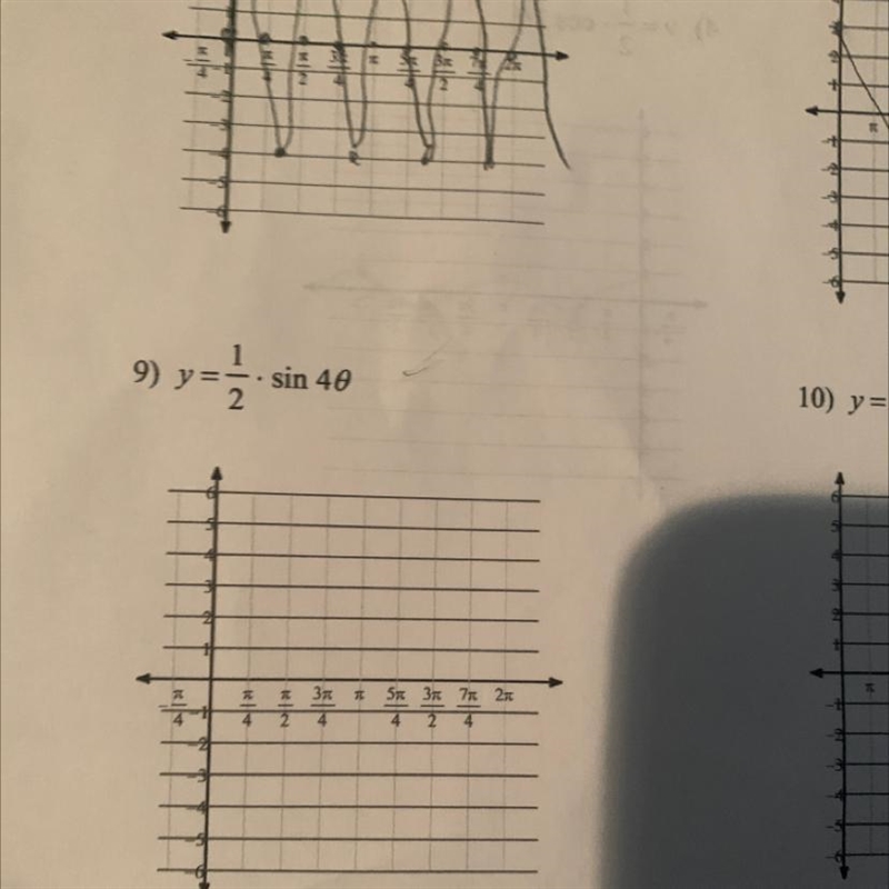 Using radians find the amplitude in period of each function then graph. Question 9-example-1