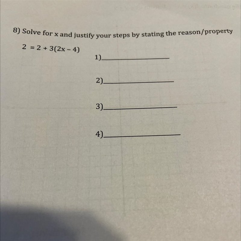 Solve for x and justify your steps by stating the reason/property-example-1