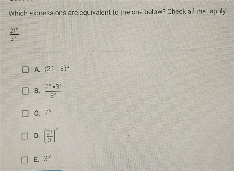 Which expressions are equivalent to the one below? Check all that apply. ไ 21% 3x-example-1