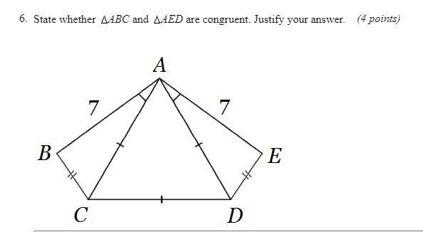 State weather triangle ABC and AED are congruent JUSTIFY your answer-example-1