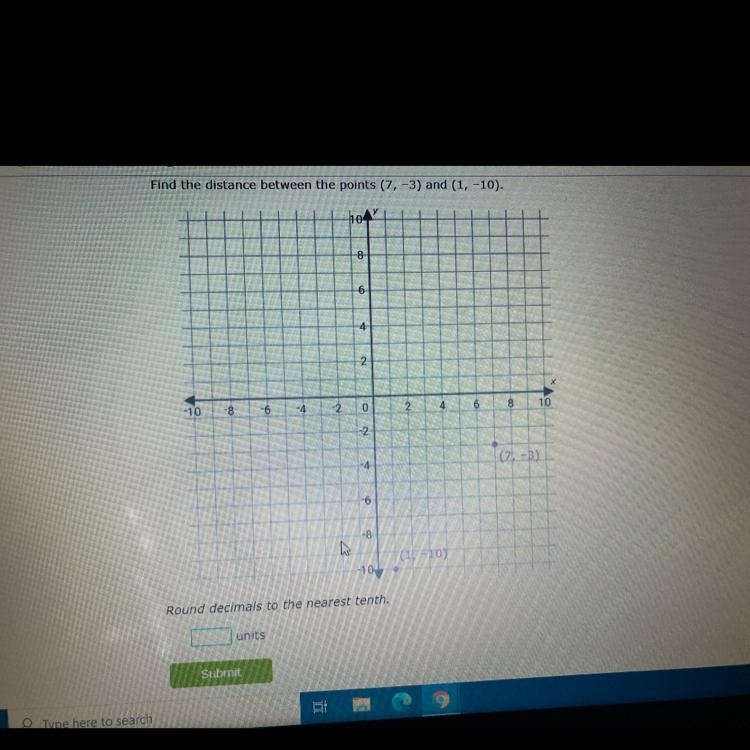 Find the distance between the points (7, -3) (1, -10)-example-1