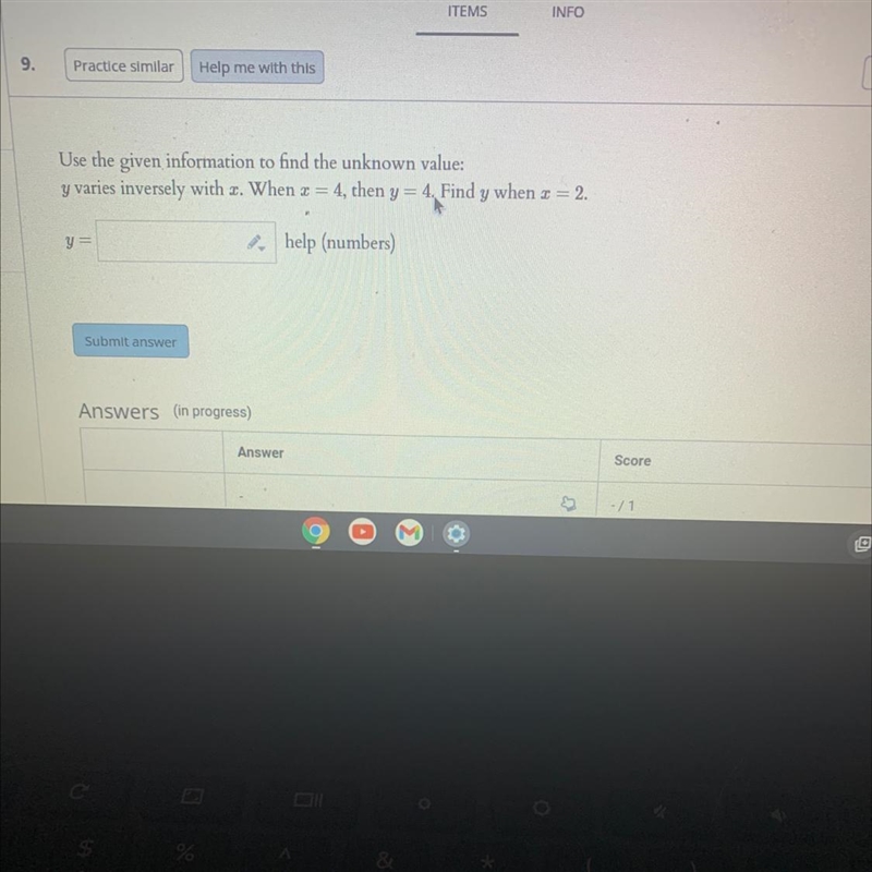 Use the given information to find the unknown value:y varies inversely with a. When-example-1