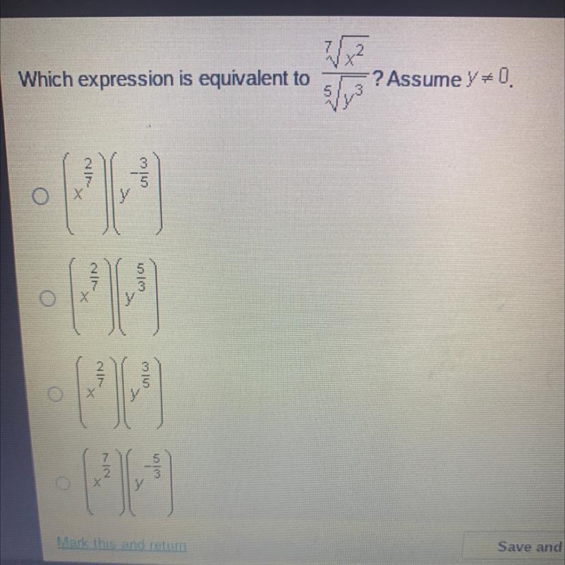 Which expression is equivalent to 7sqrtx^2/5sqrty^3? Assume y does not equal 0-example-1