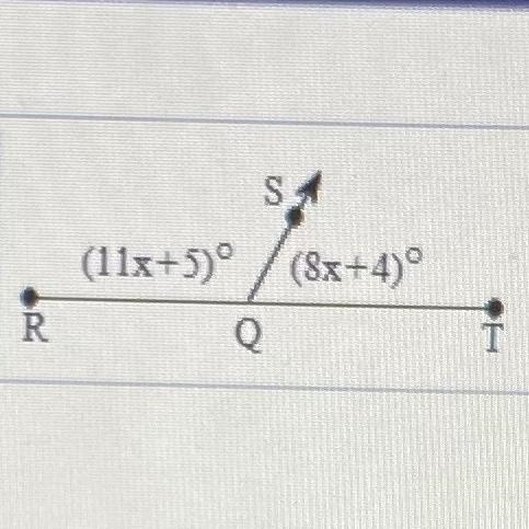 Angle RQT is a straight angle. What are m angle RQS and m angle TQS? Show your work-example-1