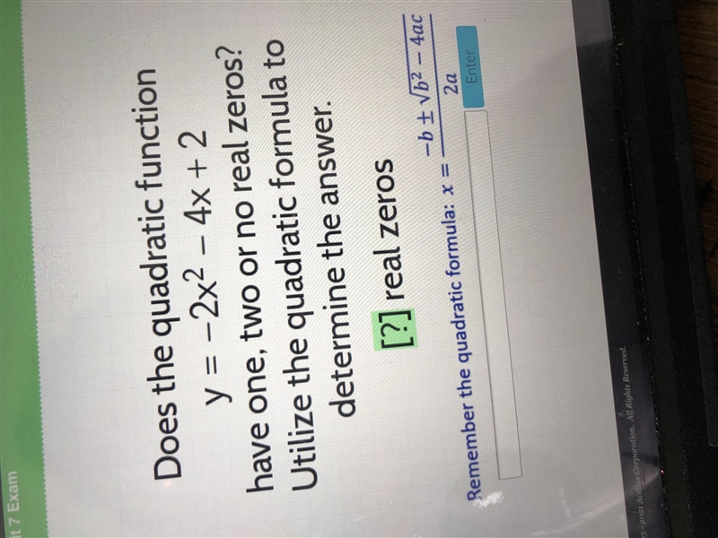 Does the quadratic functionf(x) = 4x2 – 12x + 9 have one,two, or no real zeros? Utilize-example-1