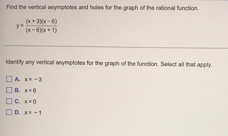 Find the vertical asymptotes and holes for the graph of the rational function.y = (x-example-1