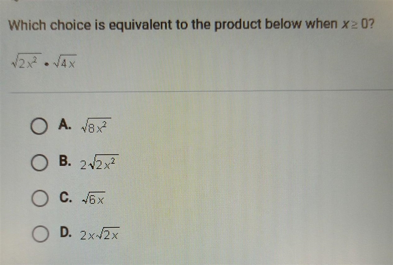 Which Choice is equivalent to the product below when x is greater than or equal to-example-1