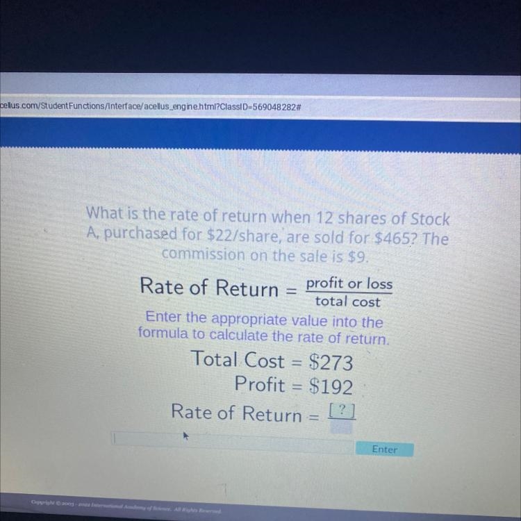 What is the rate of return when 12 shares of Stock A, purchased for $22/share, are-example-1