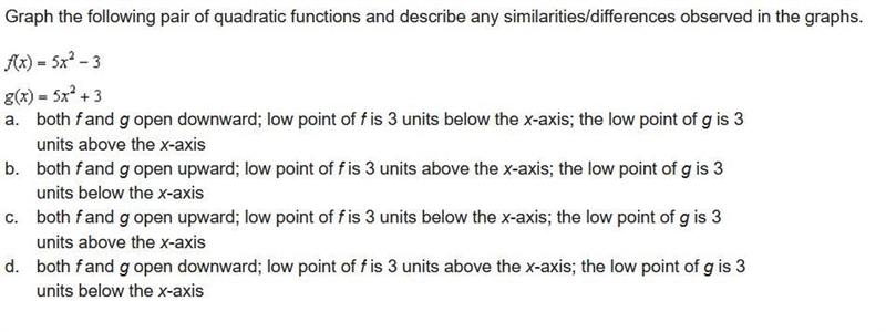 Graph the following pair of quadratic functions and describe any similarities/differences-example-1