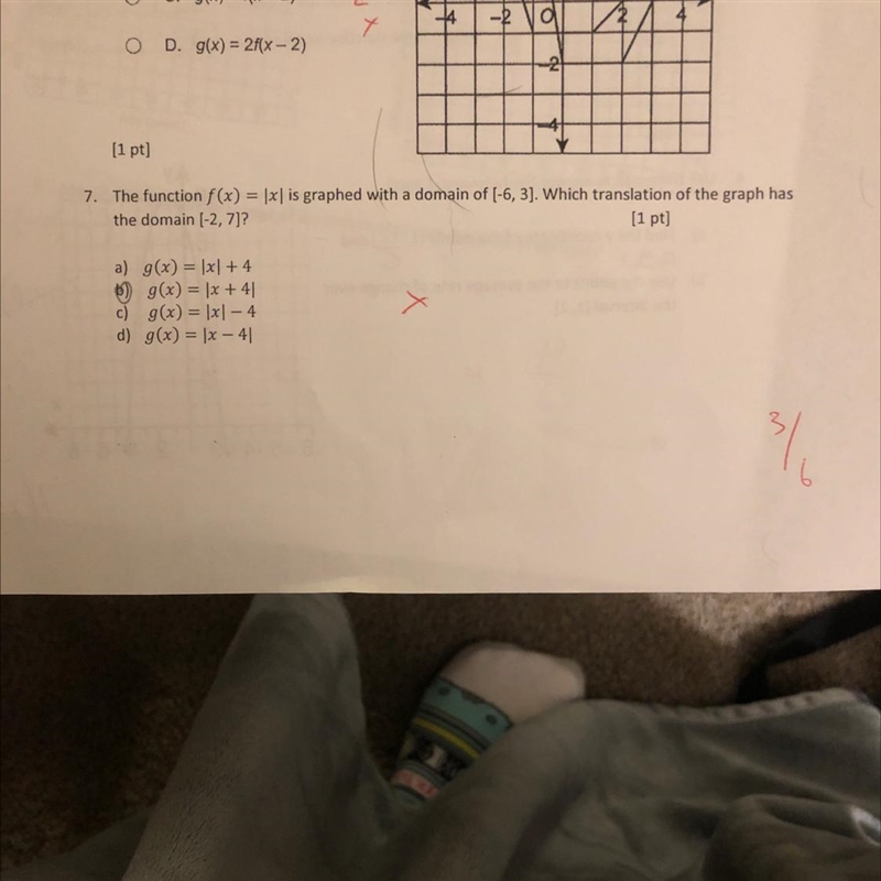 The function f (x)= |x| is graphed with a domain of [-6, 3). Which translation of-example-1