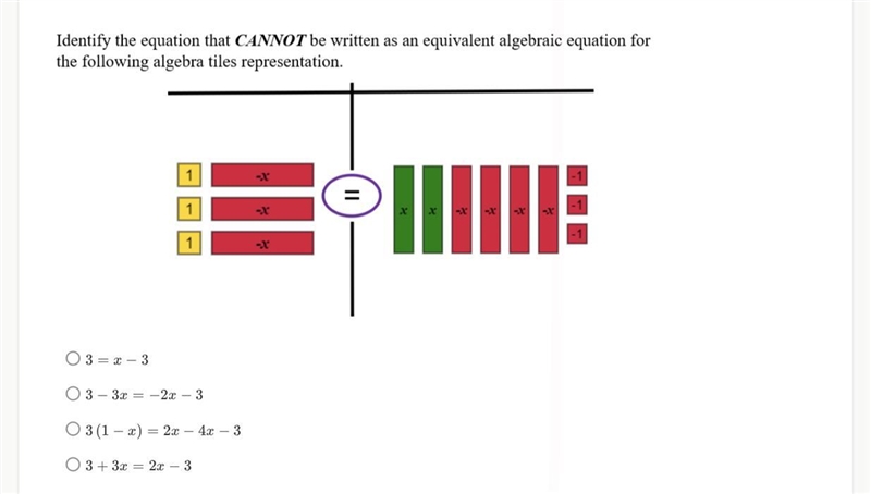 Identify the equation that CANNOT be written as an equivalent algebraic equation forthe-example-1