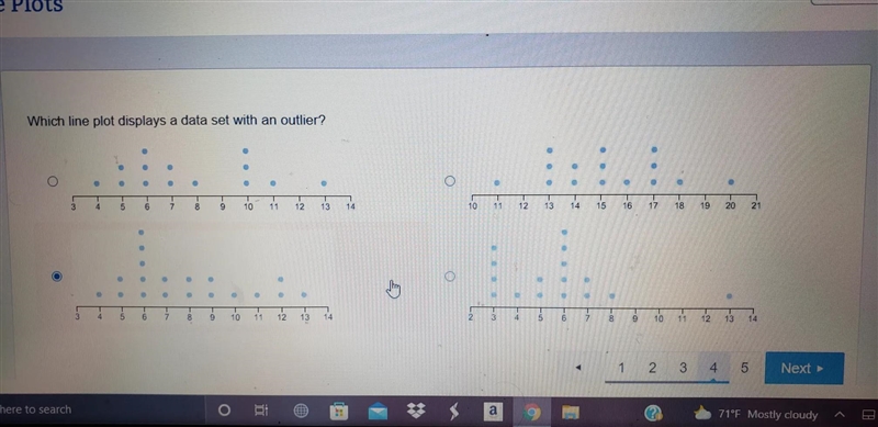 Which line plot displays a data set with an outler?-example-1