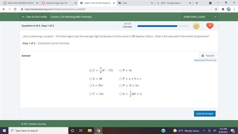 Hi, what formula would i use for temperture and how do I solve?-example-1