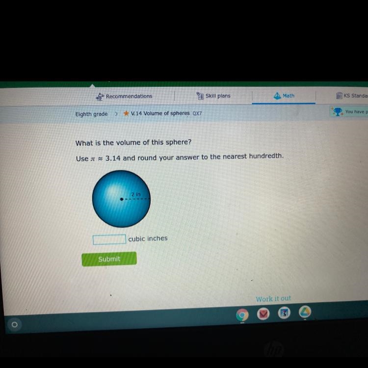 What is the volume of this sphere? Use a = 3.14 and round your answer to the nearest-example-1