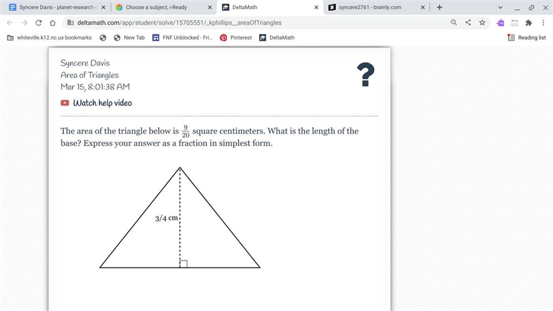 The area of the triangle below is centimeters. What is the length of the base? Express-example-1