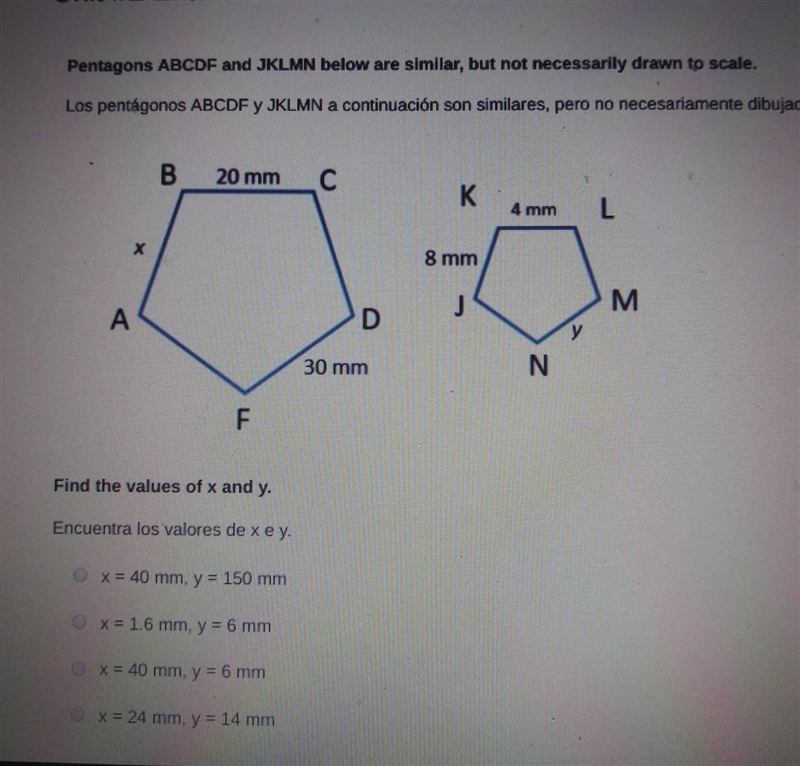 Pentagons ABCDF and JKLMN below are similar, but not necessarily drawn to scale. Find-example-1