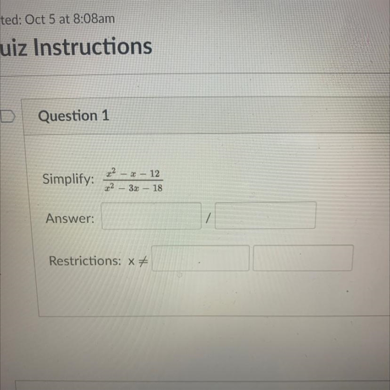 Simplify and restriction x^2 - x - 12———————x^2 – 3x – 18-example-1