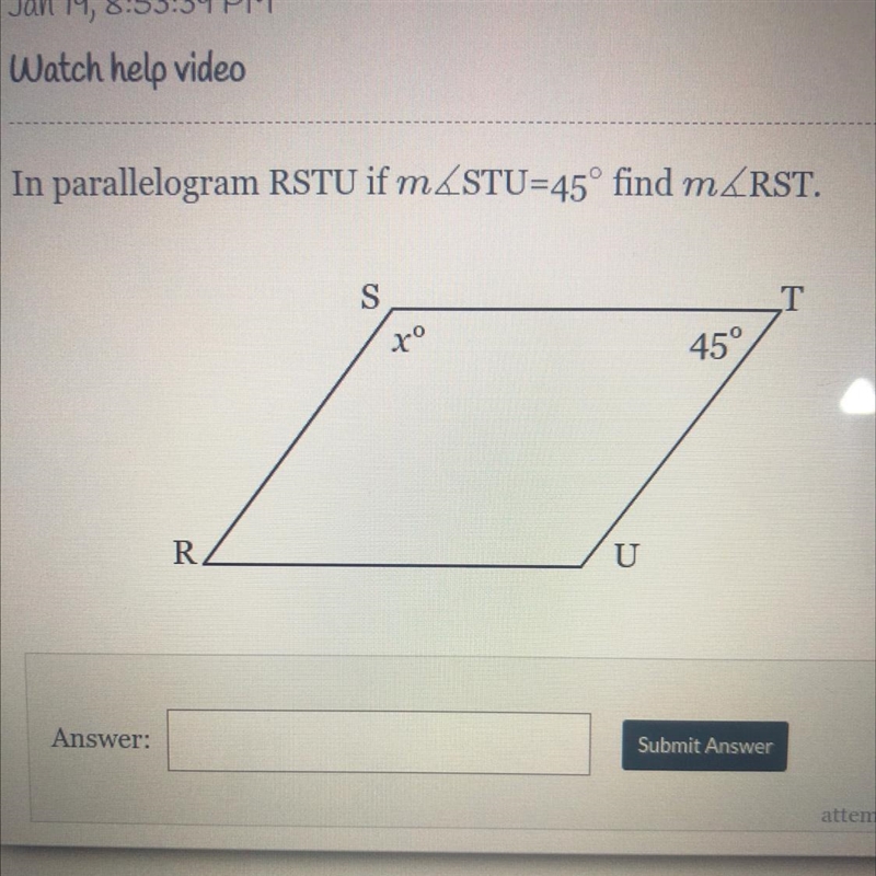 Find the measurement of angle RST if STU is 45 degrees-example-1