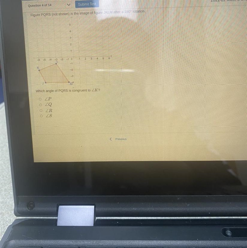 Figure PQRS (not shown) isthe image of figure JKLM after a 180% rotation.Which angle-example-1