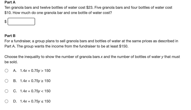 Ten granola bars and twelve bottles of water cost $23. Five granola bars and four-example-1