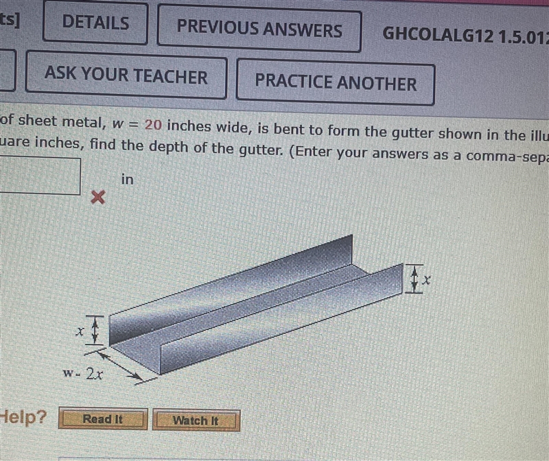 A piece of sheet metal, w = 20 inches wide, is bent to form the guttershown in the-example-1