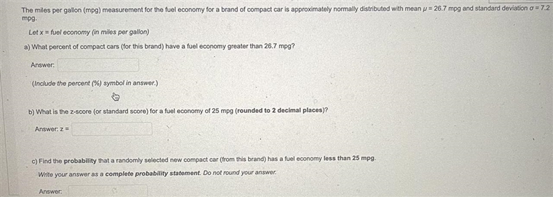 The miles per gallon(mpg) measurement for the fuel economy for a brand of compact-example-1