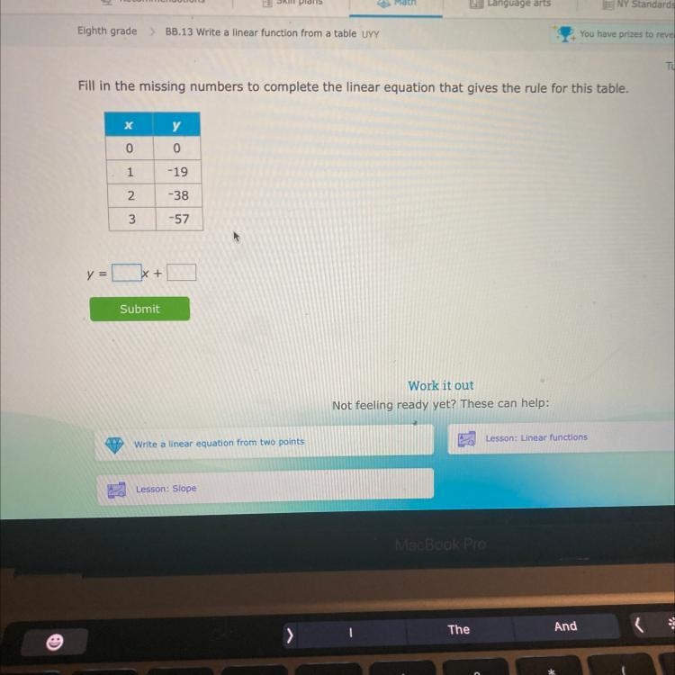 Fill in the missing numbers to complete the linear equation that gives the rule for-example-1