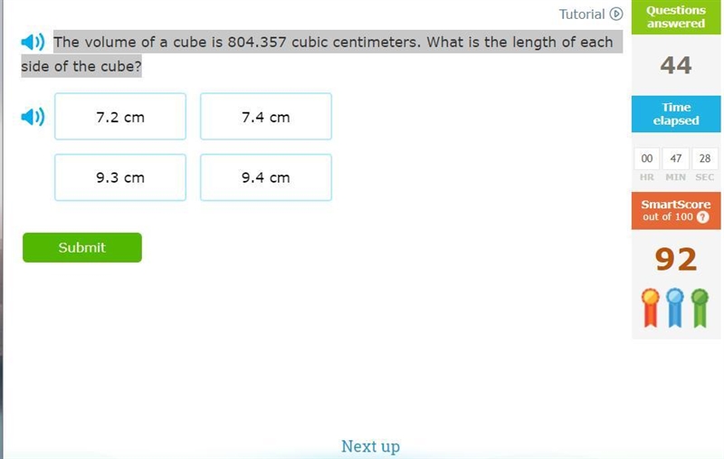 The volume of a cube is 804.357 cubic centimeters. What is the length of each side-example-1