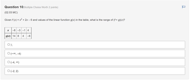 Given f (x) = x^2 + 2x – 6 and values of the linear function g(x) in the table, what-example-1