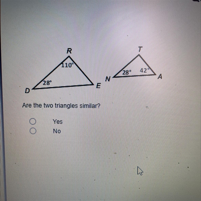 Are the two triangles similar? Yes No-example-1