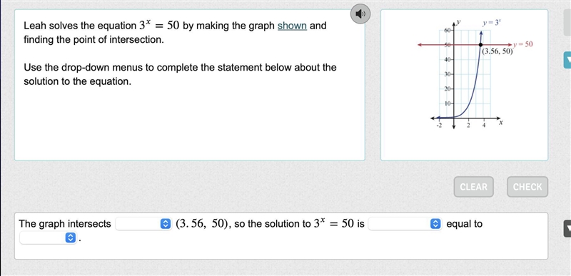 Leah solves the equation 3=50 by making the graph shown and finding the point of intersection-example-1