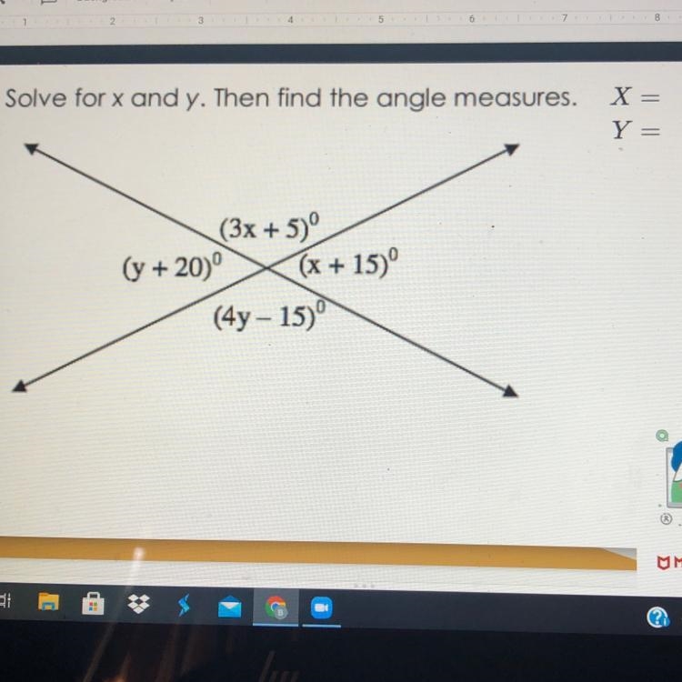 Solve for x and y. Then find the angle measures.X =Y=-example-1