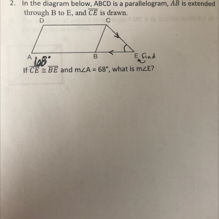 In the diagram below, ABCD is a parallelogram, AB is extended through B to E, and-example-1