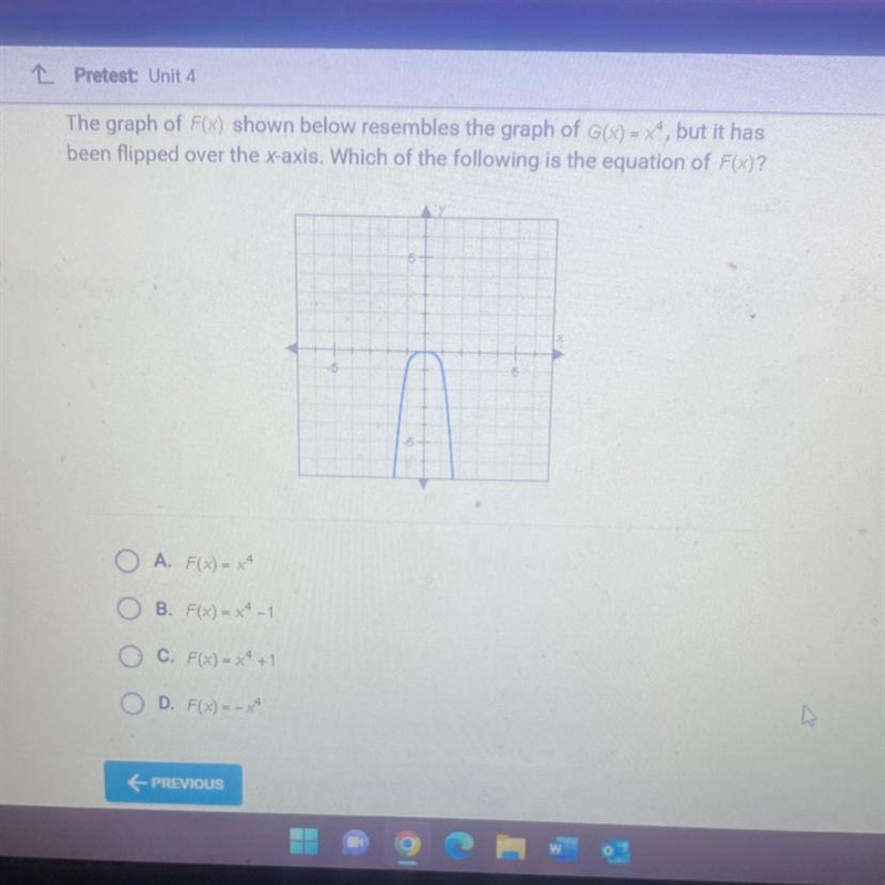 The graph of F(x) shown below resembles the graph of G(x)=x^4 , but is has been flipped-example-1