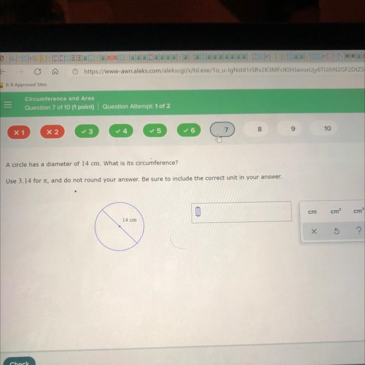 A circle has a fiat of 14 cm. What is the circumference? Use 3.13 for n,and do not-example-1