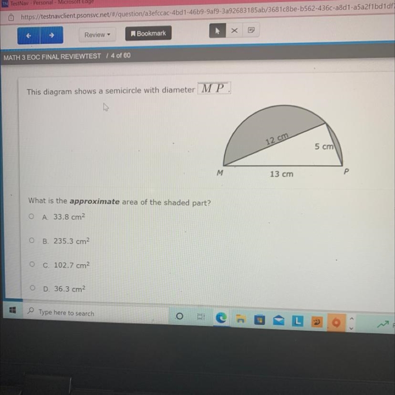 H This diagram shows a semicircle with diameter MP M What is the approximate area-example-1