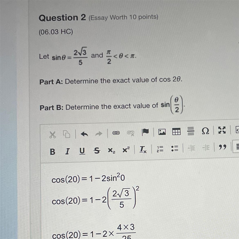 Part V: Determine the exact value of sin(0/2)Use the picture for givens-example-1